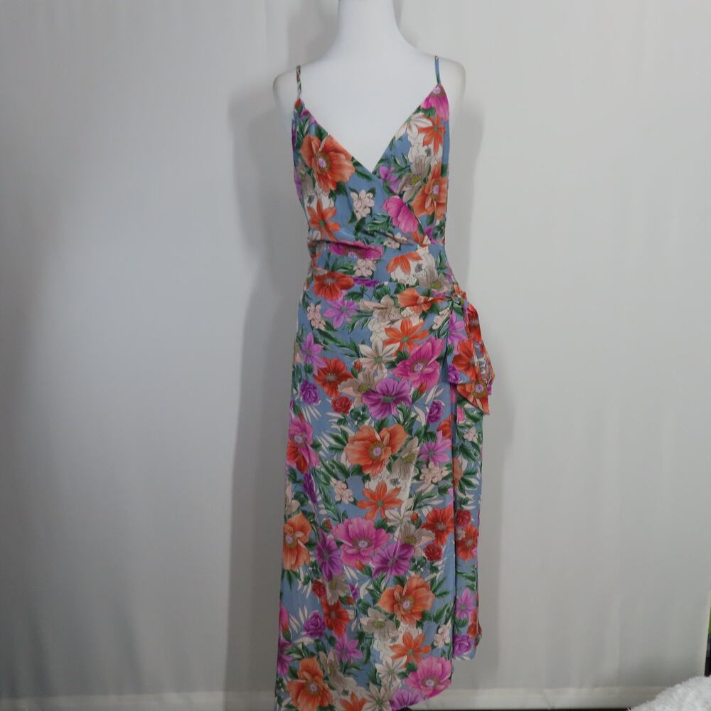 YUMI KIM Floral Oahu Chambray Bond Street V-neck Asymmetrical Hem Dress Small